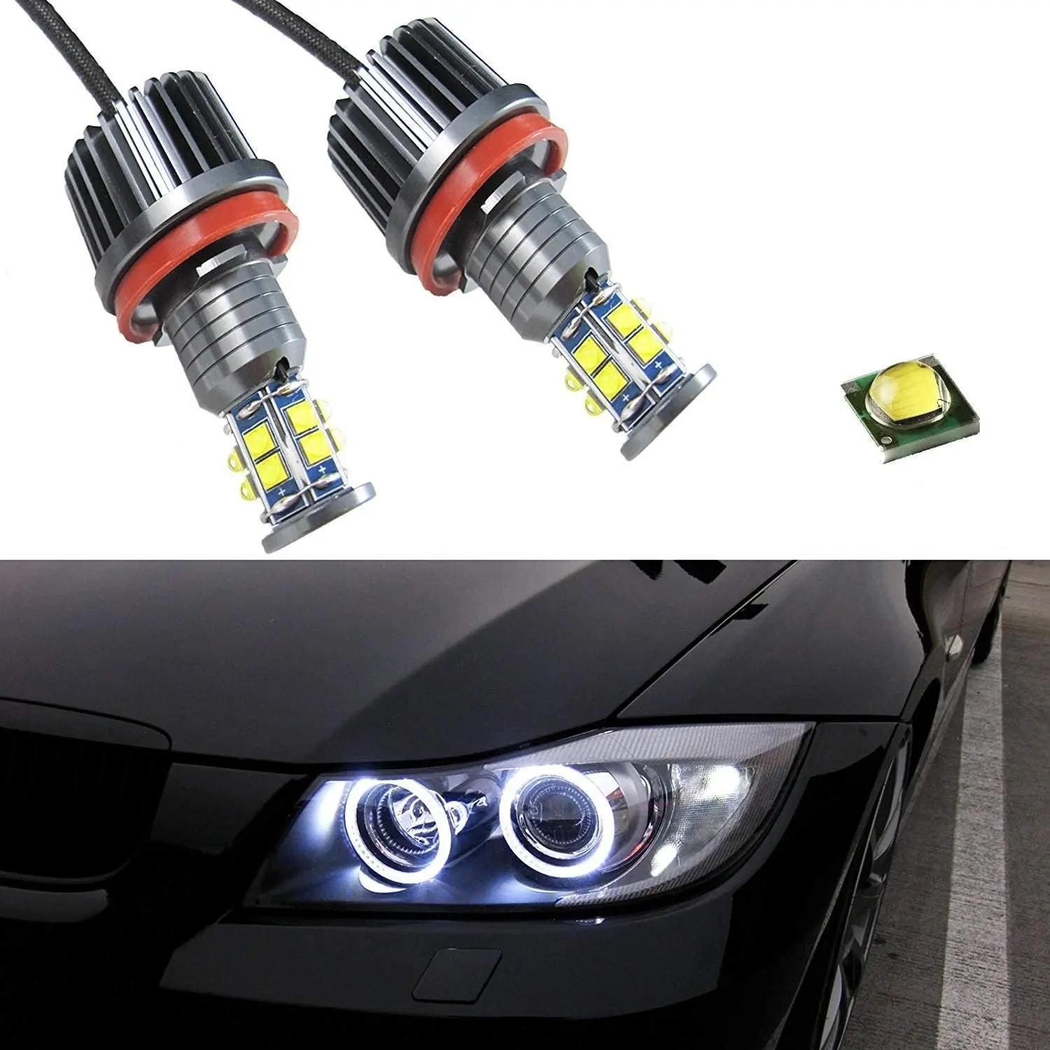 Set No Error H8 LED Angel Eyes Halo Ring Lights + Error Decoder For BMW 1 3 5 X Series E92 H8 Angel Eye Headlights