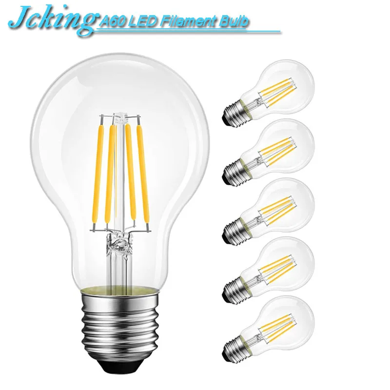 JCKing A60 Dimmable 2W/4W/6W/8W E26/E27 Base LED Filament Bulbs,A60 Clear Glass LED Vintage Edison Bulbs