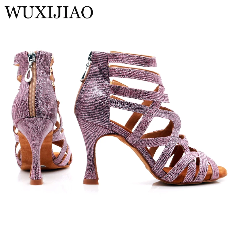 WUXIJIAO 2020 New Latin Dance Shoes Green Pink Gold Glitter Fabric Salsa Dance Shoes Women Ballroom Dance Boots Cuba Dance Shoes