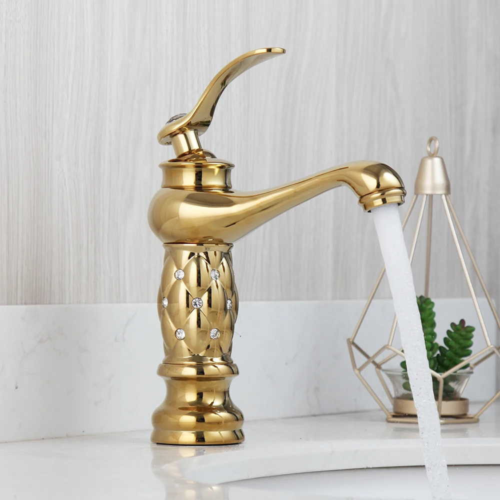 OUBONI Luxury Golden Plated Polish Bathroom Basin Faucet High Short Style Deck Mounted Single Handle Sink Faucets Mixer Tap