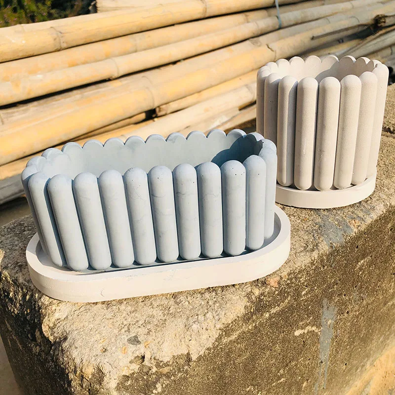 Concrete Plant Pot Silicone Mold Columnar Stripes Design Cement Clay Mold Nordic Decoration Tray Mould