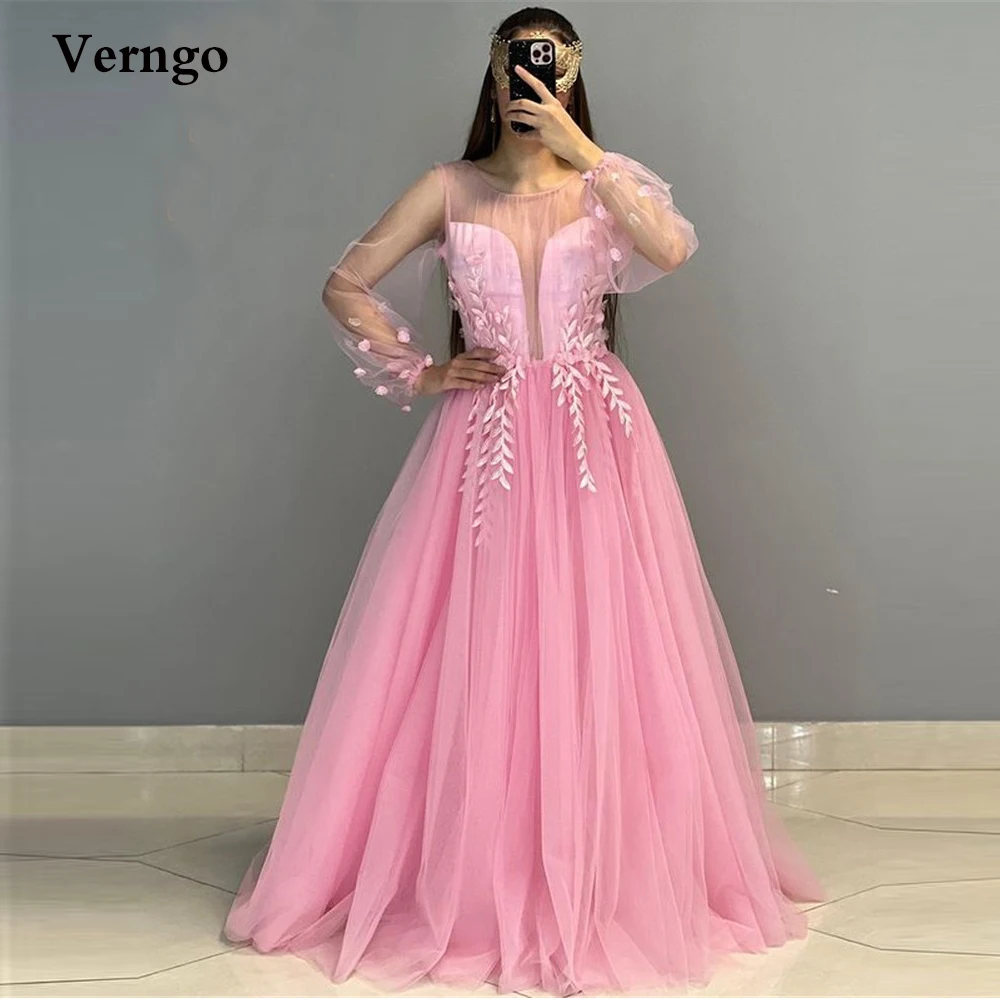 Verngo 2022 New Pink/White Tulle Puff Long Sleeves Wedding Dresses 3D Leaves Lace Applique O-Neck Garden Elegant Bridal Gowns