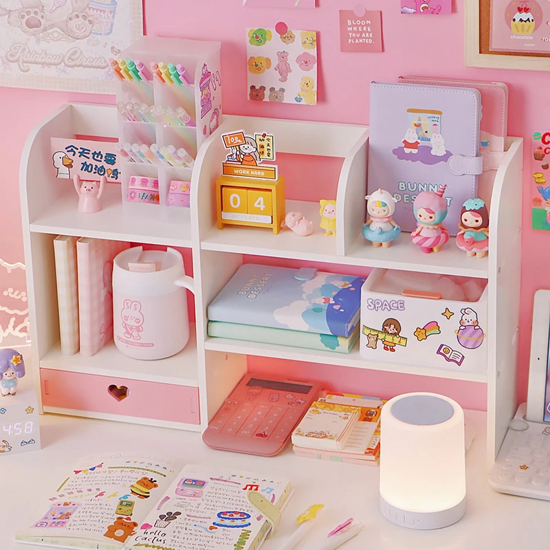 Étagère de bureau en forme de cœur pour filles, boîte de rangement de bureau, dortoir, chambre à coucher, fournitures de stockage de papeterie à domicile