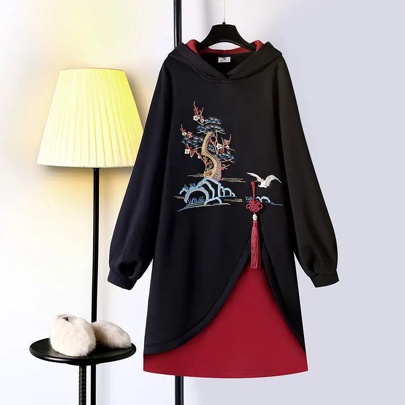 Plus Size Vrouwen Dikke Sweater Borduren Jurk Vrouwen Herfst Mid-Lengte Traditionele Chinese Stijl Hoodies Hanfu Cheongsam