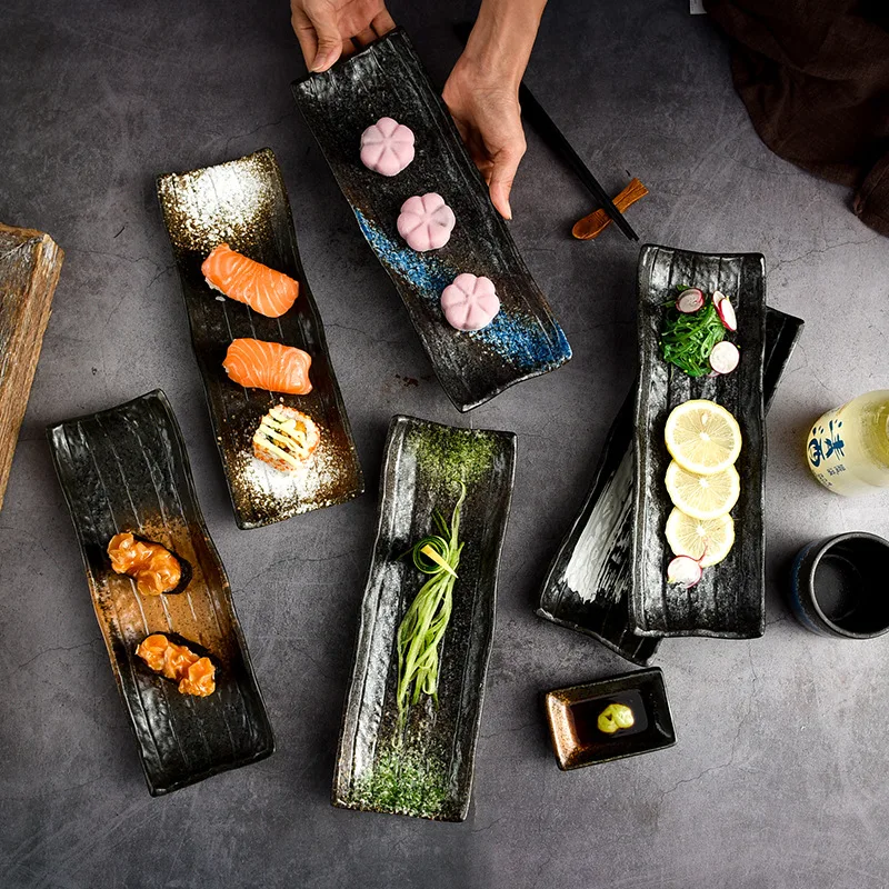 

cuisine, long sushi plate, special restaurant, ceramic long plate, creative dessert plate, sushi plate, commercial tableware