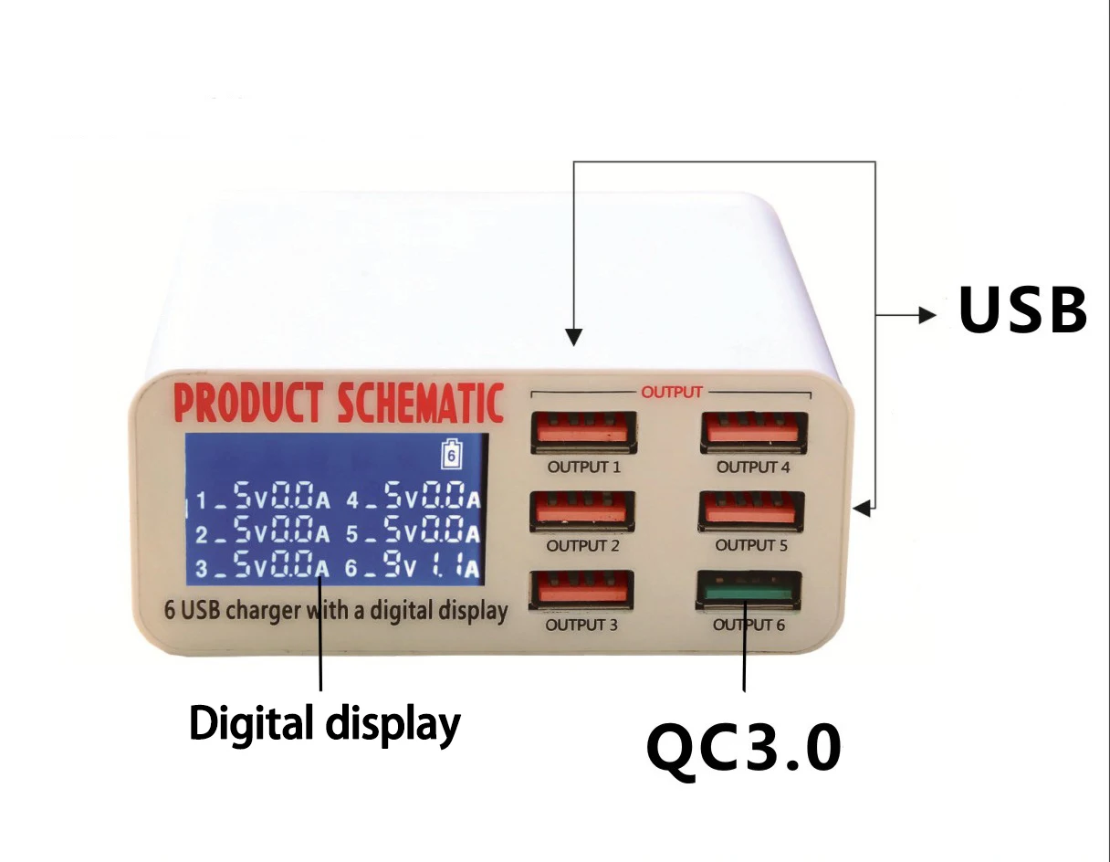 USB Charge 3.0 6-Port 6A USB Charger Adapter Hub Multi Port USB Hub With Charger Dock Station with LCD Display Auto Detect Tech