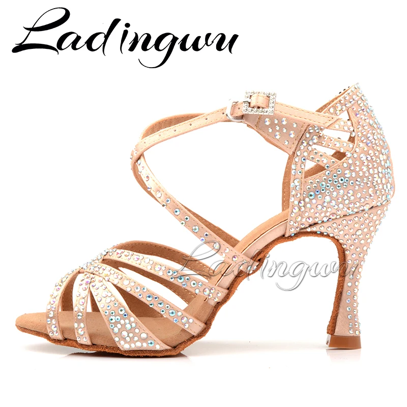 Ladingwu Dance Shoes Satin Women Party Shining Rhinestones Soft Bottom Latin Dance Shoes Woman Salsa Dance Shoes Heel 6CM-10CM