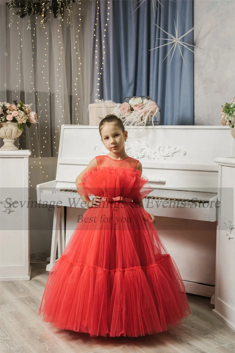 Sevintage Red Ruffles Tulle Flower sukienki dla dziewczynek na wesele O-Neck wielowarstwowa księżniczka dzieci sukienka gorset Bady formalne suknie