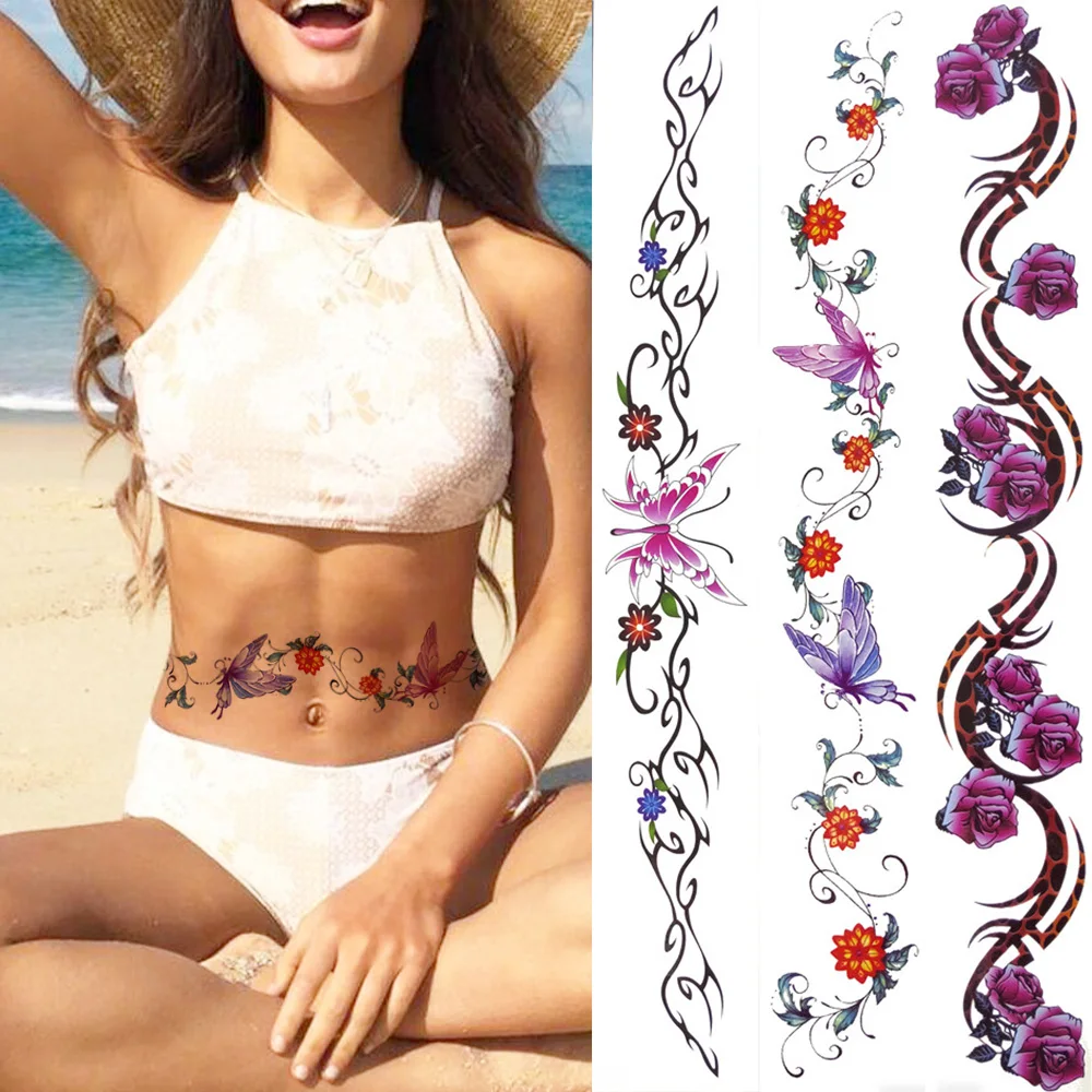 Washable Butterfly Thorns Temporary Tattoos Sticker For Women Fake Lace Tatoos Colorful Flower Sexy Waist Line Art Tatoos Paper