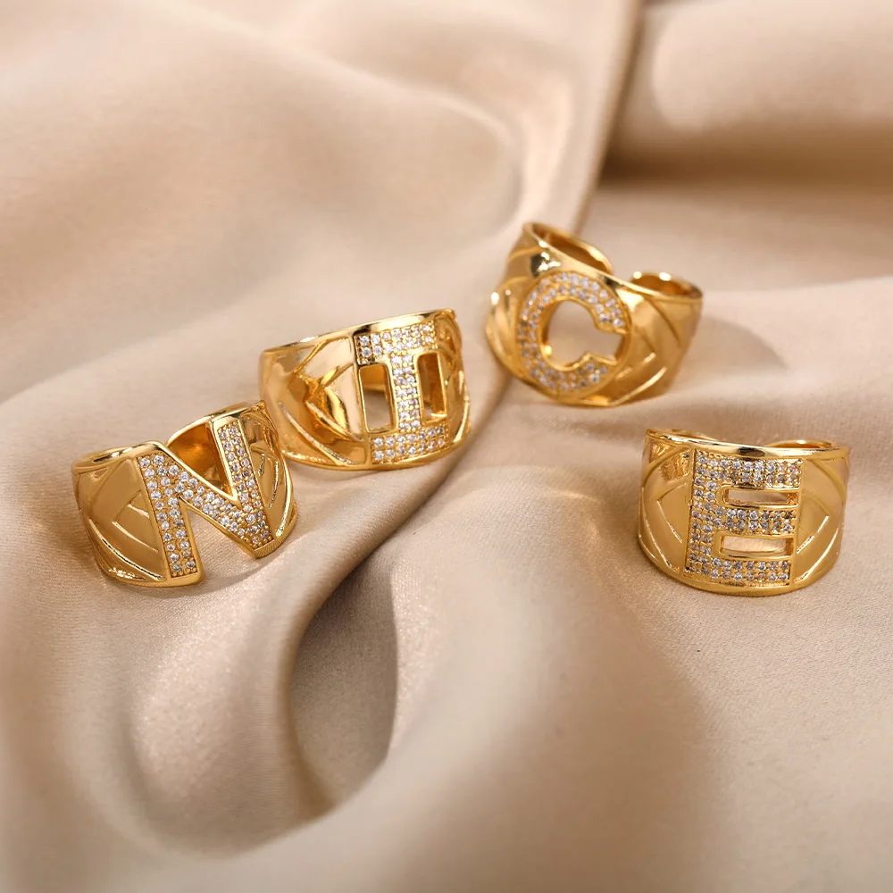 Chunky Wide Hollow A-Z Letter Rings For Women Zircon Adjustable Gold Color Opening Ring Initials Alphabet Female Party Jewelry image 5