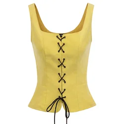 SD-Chaleco Vintage de ante de imitación para mujer, chaqueta ajustada sin mangas con cuello cuadrado y cordones en la parte trasera en U, Tops informales