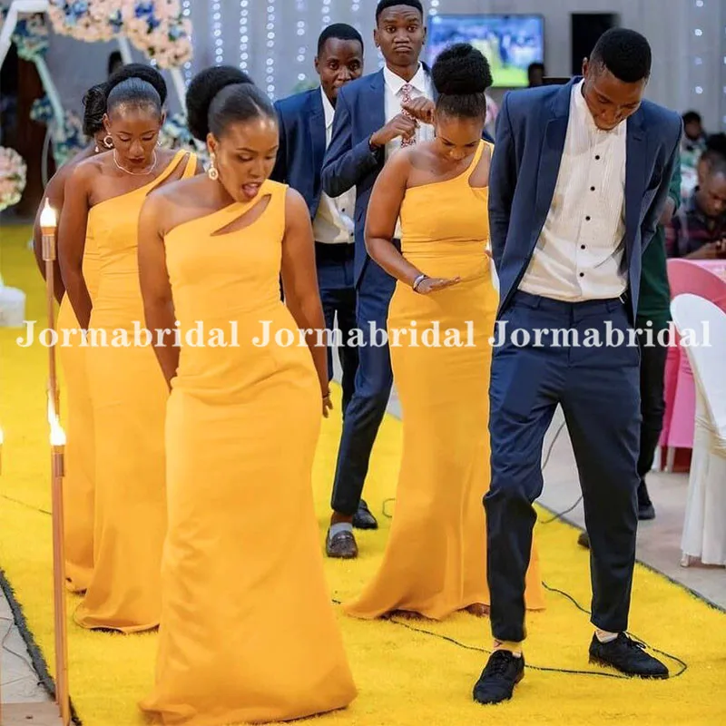 Vestido De Dama De Honor De un hombro, color amarillo y dorado, sencillo, sirena, para fiesta De boda