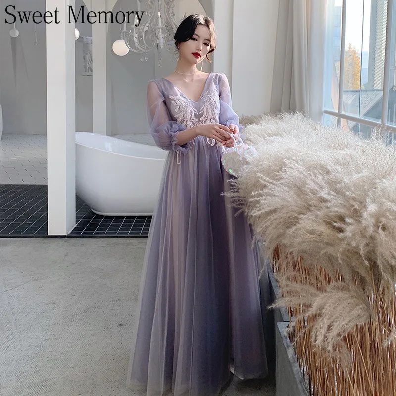 Sweet Memory New Purple Bridesmaid Party Dresses Women Tulle Lace Prom Wedding Party Evening Dress Girl Graduation Vestidos