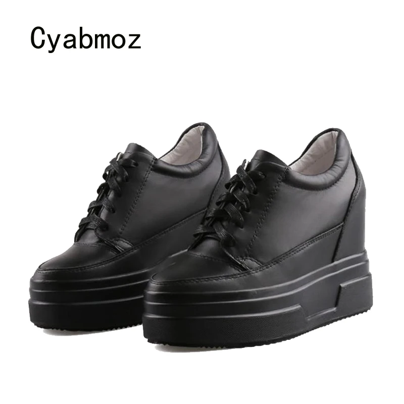 Cyabmoz Sexy Genuine Leather Height increasing Shoes Women Casual Sneakers Hidden High heels Wedge Platform Party Ladies Shoes