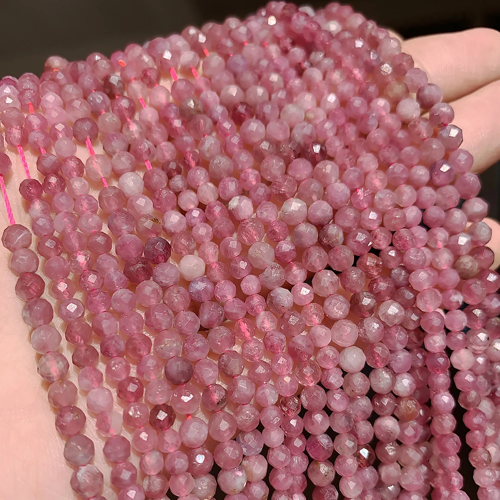 A+ Natural Pink Tourmaline Faceted Loose Gems Beads for Jewelry Making DIY Christmas Gift Bracelets 15'' Tiny Stone Bead 2/3/4mm