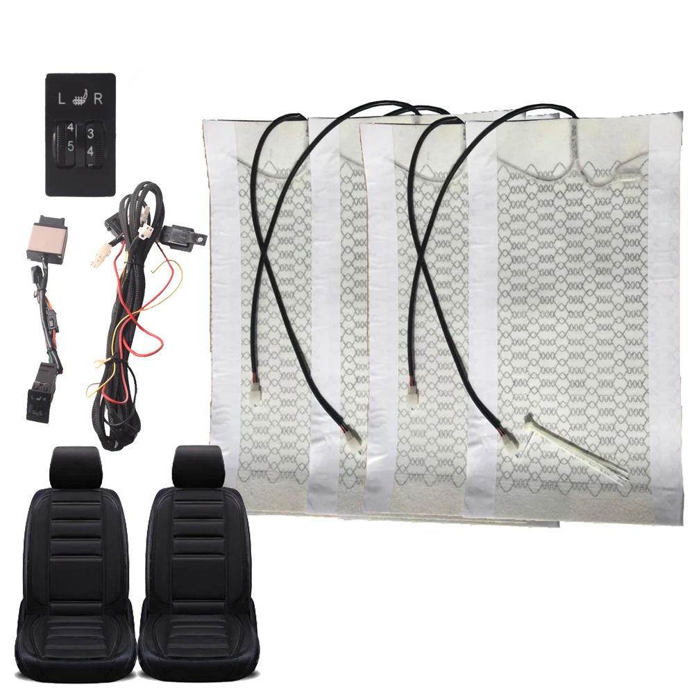 

12V 2 Seats 4 Pads Universal Carbon Fiber Heated Seat heating Heater 5 Level Switch Winter Warmer Covers