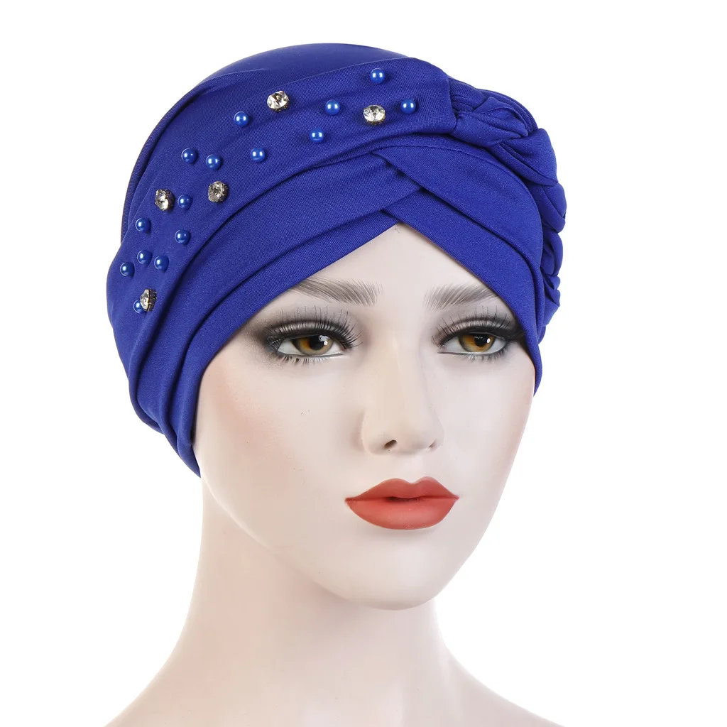 Women Lady Beads Muslim Braid Head Turban Wrap Cover Cancer Chemo Islamic Arab Cap Hat Hair Loss Bonnet Beanies Fashion