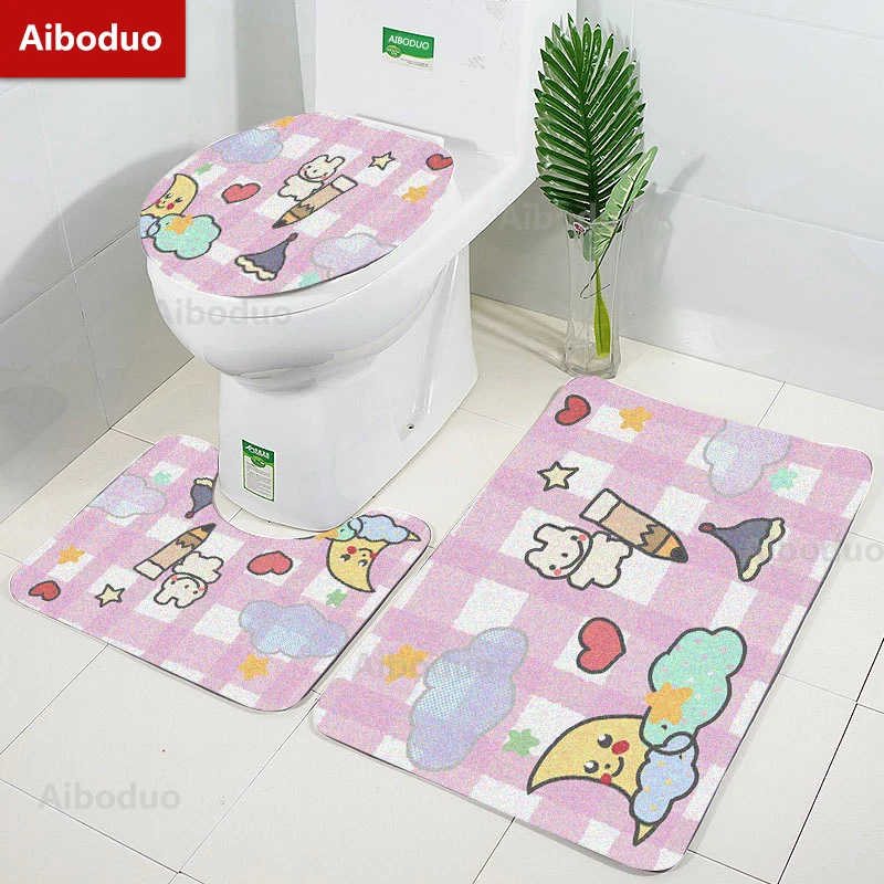 

Aiboduo Girl Heart 3pcs/set Toilet Lid Cover Set Non Slip Carpet BathMat Kawai Girly Warm Home Decoration Pink Cute Restroom Rug