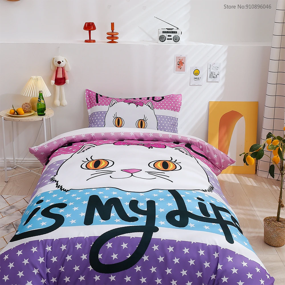 Cartoon Cat Bedding Set Crib Pink Duvet Cover for Baby Kids Girls Cute Bed Set Queen Size Juego De Cama Cartoon Quilt Cover