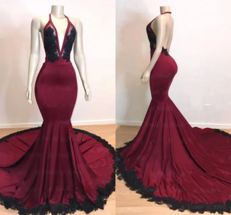 Robe de soirée noire bordeaux avec des Appliques, Sexy, décolleté en V profond, dos nu, robes d'occasion, nouvelle tendance, 2020