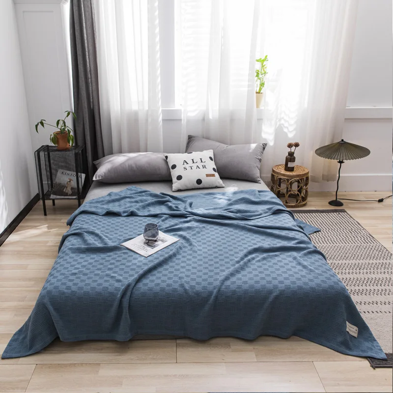 

Multifunctional Throw Blanket Jacquard Grid Summer Quilt 100%Cotton Gauze Sofa Cover Solid Blue Single Double Bedspread 150*200