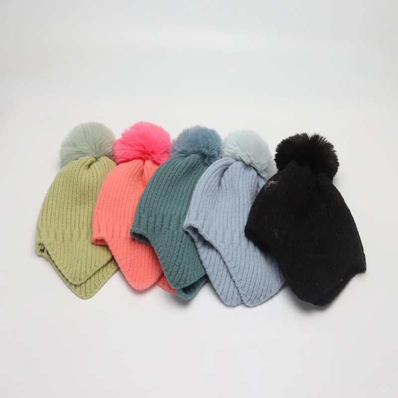 COKK Winter Hats For Children Girls Boys Beanie With Pompom Faux Fur Ear Protection Knitted Bonnet Keep Warm Candy Solid Soft