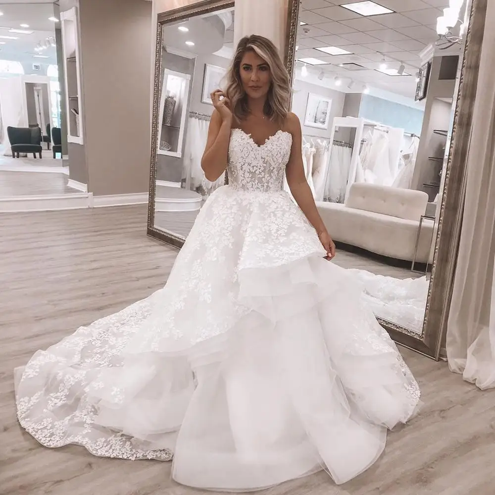 Vestido de novia de encaje con volantes, cola de Organza, escote Corazón, Espalda descubierta, 2020