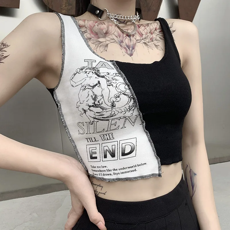 Punk Style Patchwork Tank Tops Aesthetic Letter And Graphic Print Women Crop Top Color Blocking Sleeveless Streetwear Vest