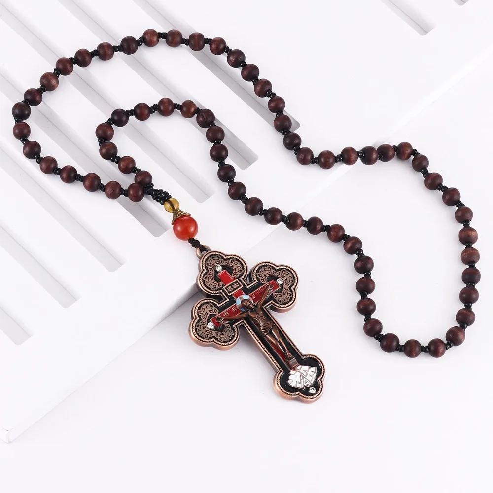 Orthodoxe große Kruzifix Jesus Kreuz Anhänger Halsketten für Männer Frauen Rosenkranz Halskette Holz Perlen Ketten religiöse Gebet Schmuck – Detail 1