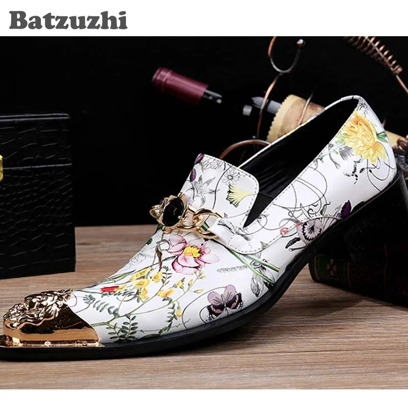 Batzuzhi Italian Style Handmade Genuine Leather Shoes Men Pointed Metal Toe White Flower Print Leather Business/Party Shoes Men