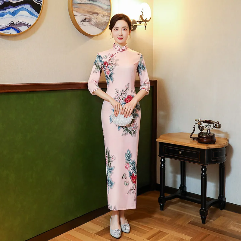 

Girls' Cheongsam Young Style Slim New Daily Improved Long Slim Chinese Style Dress Women's Retro Long Style Medium Sleeve Cheong