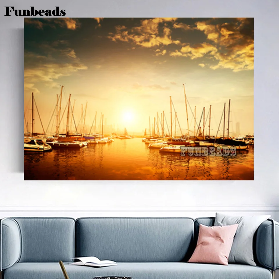 

Алмазная 5D картина «сделай сам», мозаика с изображением природы, заката, лодки в порту, морской пейзаж, FF6709