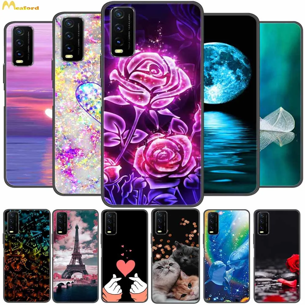 For Vivo V2026 V2028 Case Silicone Cute Cover For Vivo Y11S Y12S Phone Cases V2069 Funda Black Flower Pattern Back Protector TPU