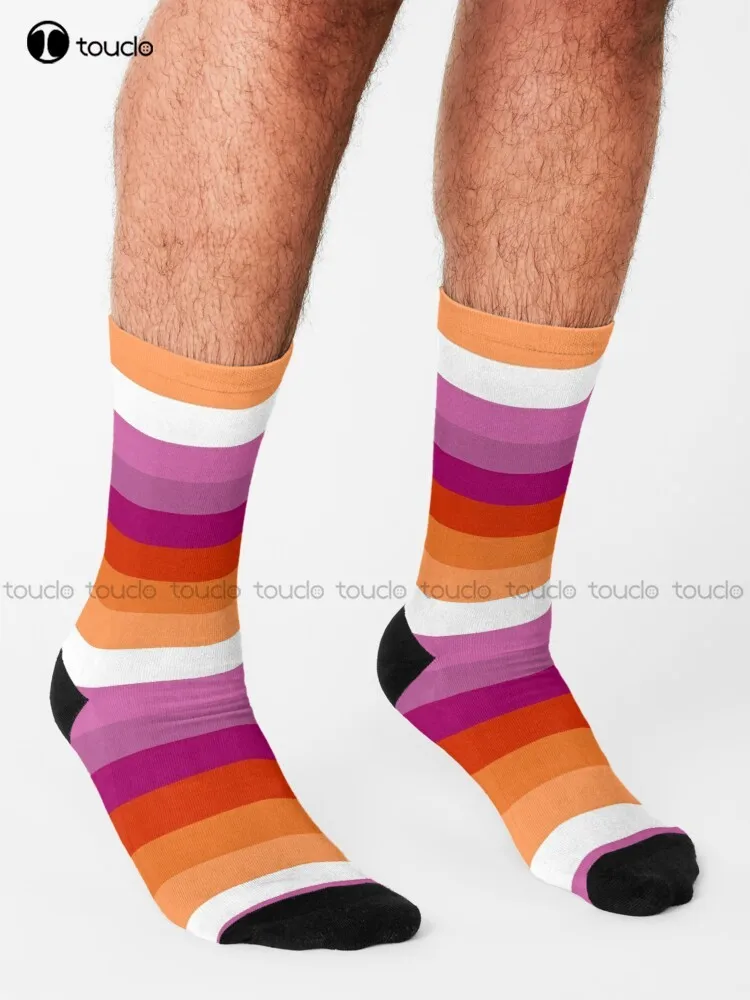 Orange - Magenta Lines // Lesbian Pride Flag // Butch Femme Pride Flag Socks Halloween Socks Women 360° Digital Print Funny Sock