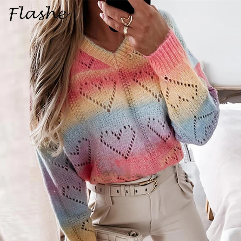 

Elegant V Neck Heart Sweater Women Pullover Knitwear Jumper Autumn Winter Casual Sweaters For Women Colourful Tops Sale