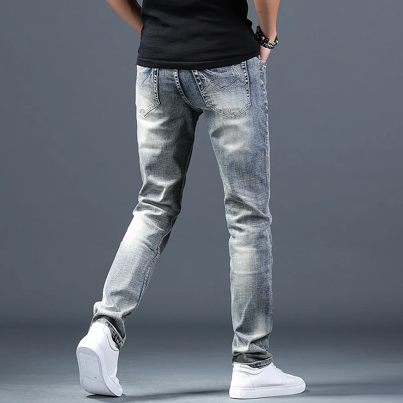 Light Blue Ripped Jeans Men's Cotton Regular Straight Denim Pants Streetwear Distressed Patch Jean Trousers
