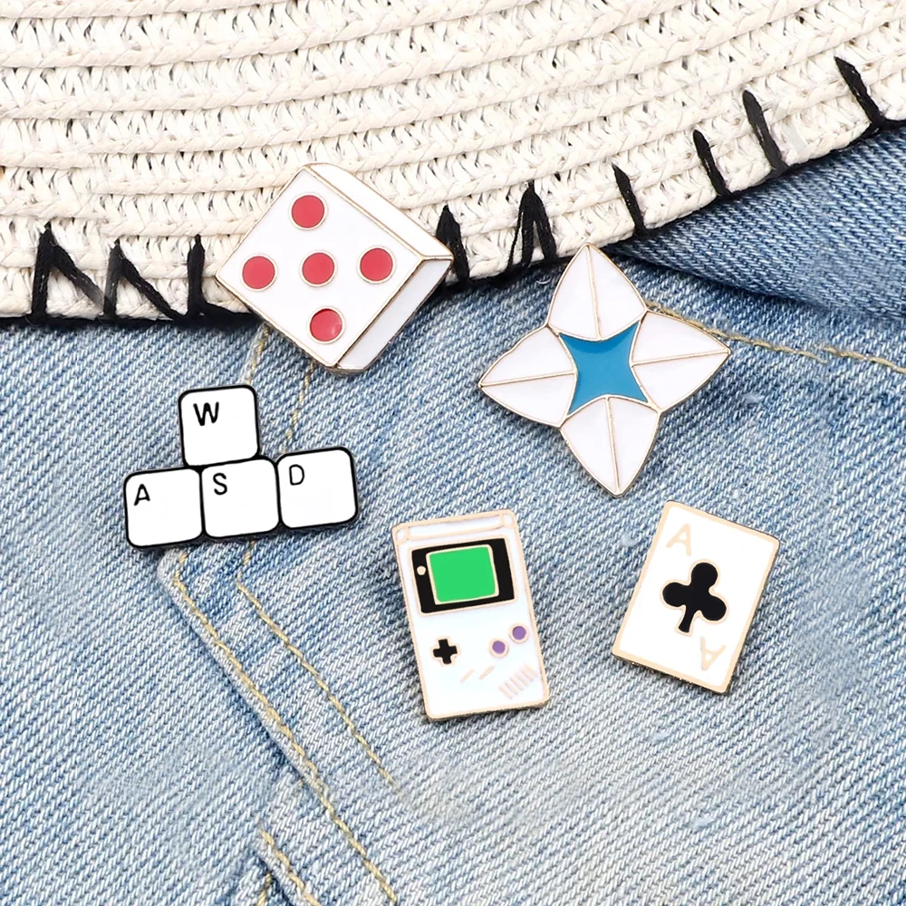 Game Time ! Game Machine keyboard Origami Dice Playing Cards Brooches Fun Lapel Enamel Pins Children Friends Jewelry Badge Gifts