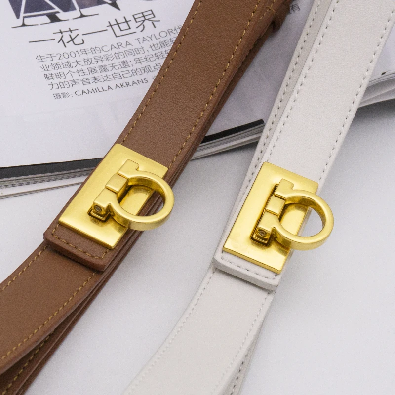 Matte gold buckle simple adjustment cowhide belt women\'s leather dress fine belt decoration fine waist Seal Brown