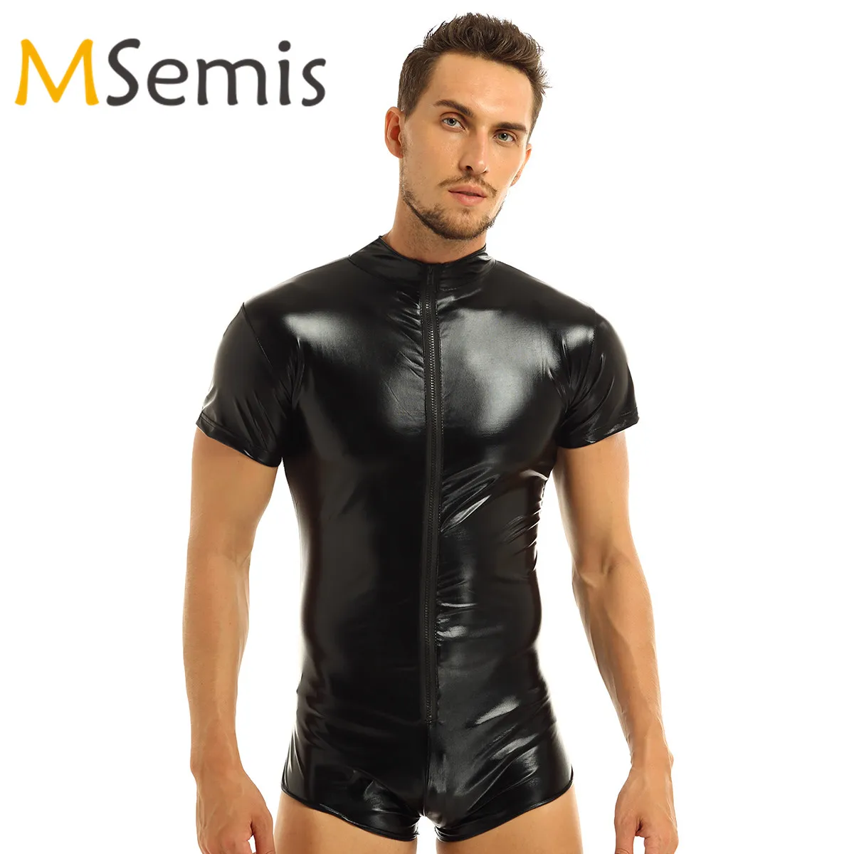 Mens Lingerie Catsuit Swimsuit Leather Swimwear Zipper Jumpsuit Leotard Shiny Bodysuit Underwear Gymnastics Suit Swimming Suit