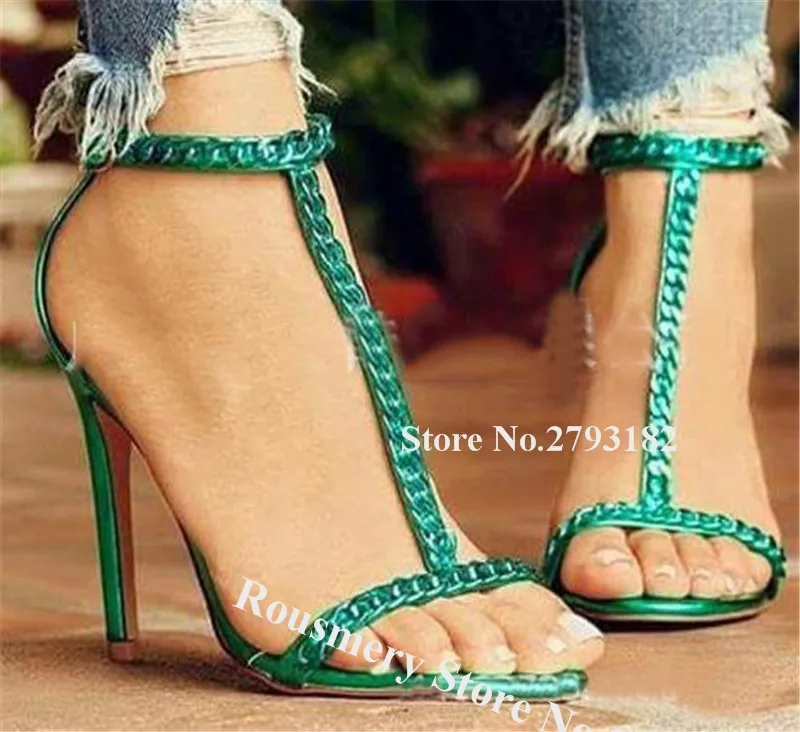 

New Fashion Women T-strap Chains Stiletto Heel Sandals Blue Gold Black Ankle Strap High Heel Sandals Formal Dress Heels