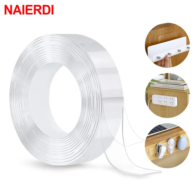 NAIERDI 2mm Thicken Transparent Reusable Waterproof Adhesive Tape Cleanable Traceless Nano Tape Double Sided Tape 1M/2M/3M