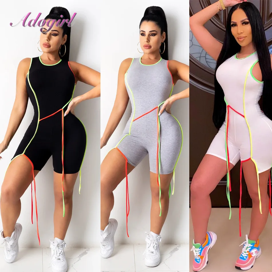 Fitness Playsuit Causal Solid Stripe Sleeveless O Neck Bodycon Sportwear Jumpsuit Women Summer Active Outfit Rompers Overalls