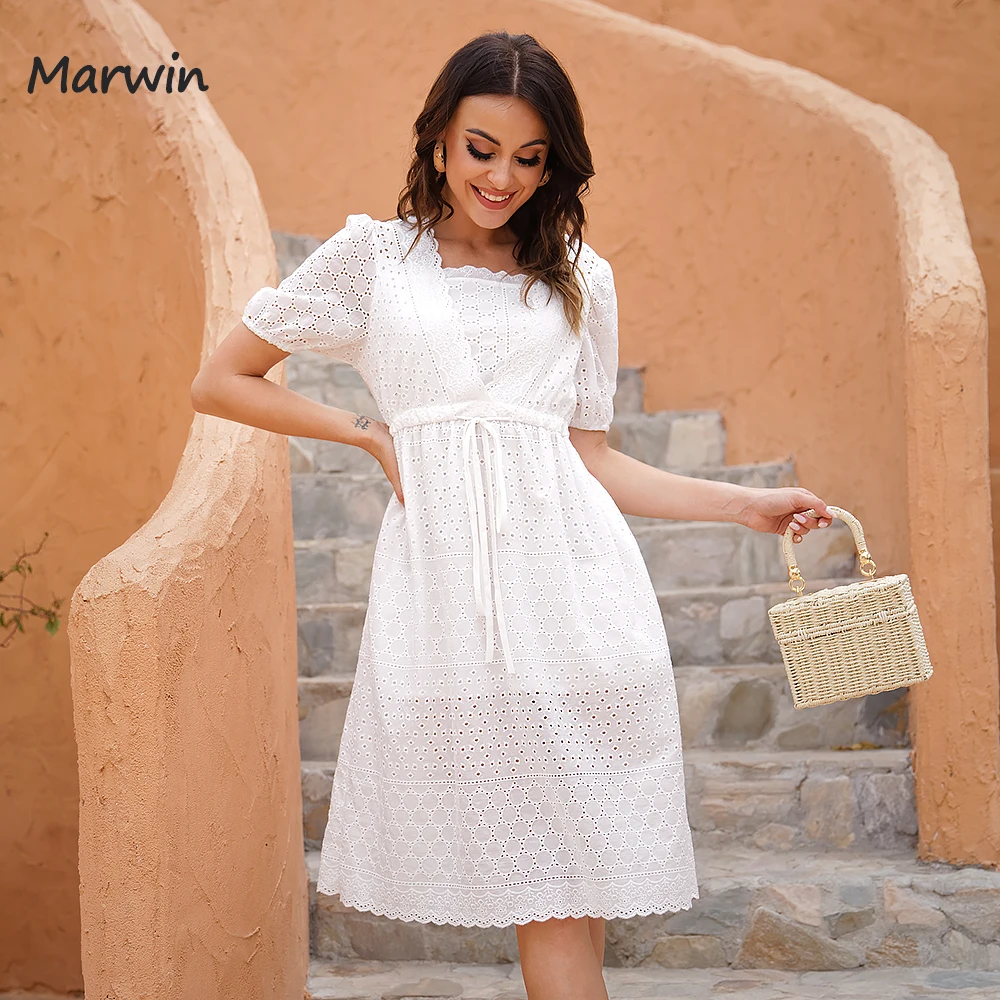 Marwin Long Simple Casual Solid Hollow Out Pure Cotton Holiday Style High Waist Fashion Knee-Length Summer Dresses NEW Vestidos