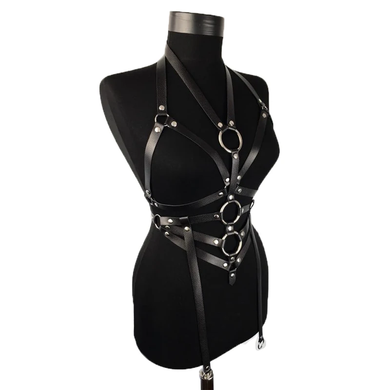 Women's Sexy Harness Leather Garter Belts For Women Body Gothic Studded Bra Cage Lingerie Black Adult Fetish Waistband Straps