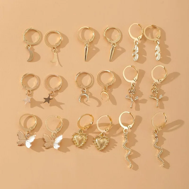 2024 Butterfly Rose 9-Piece Snake Earrings Star Moon Love korean fashion Women earrings joyero Jeweler gothic accessories luxury