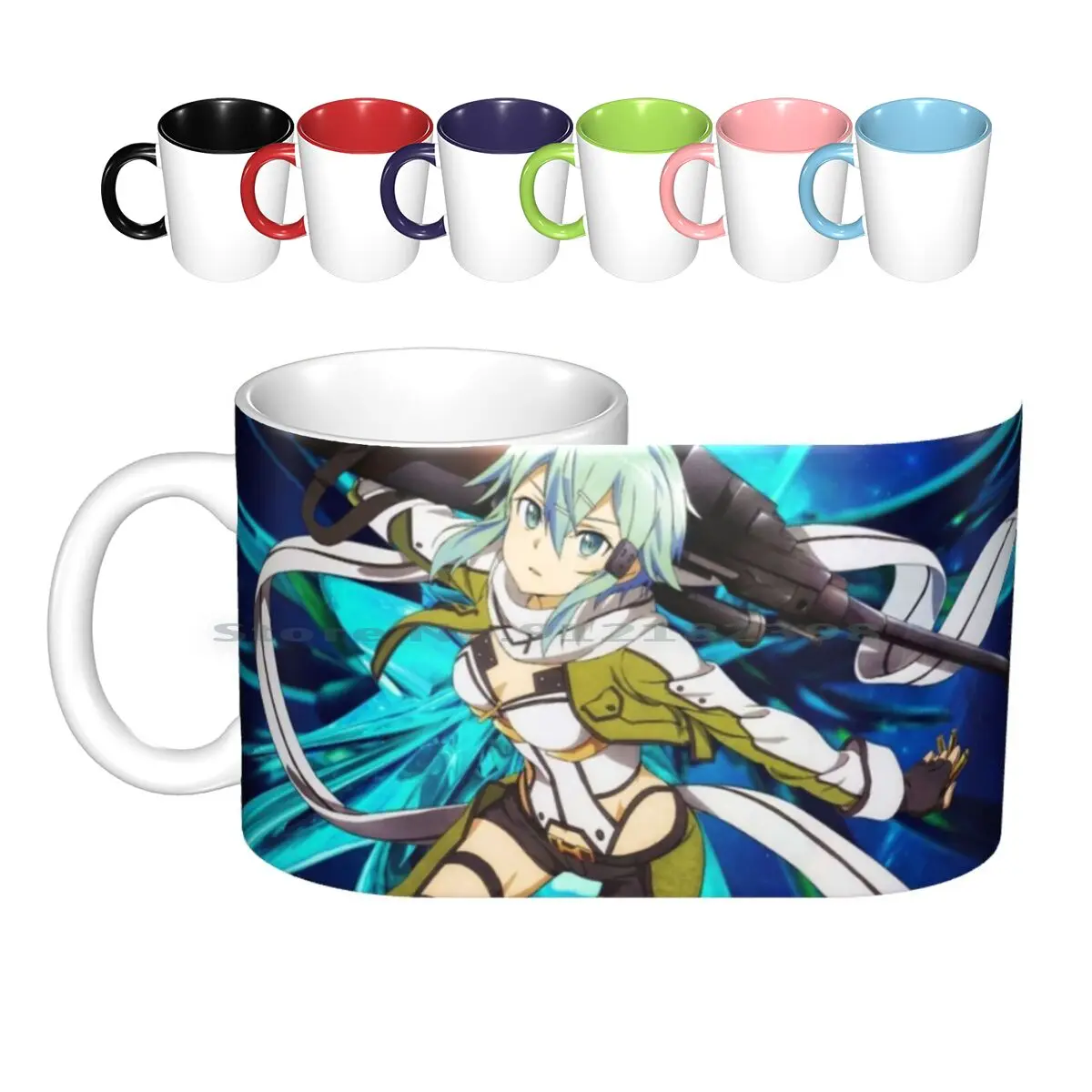 Blue Gunner Ceramic Mugs Coffee Cups Milk Tea Mug Gun Gunner Blue Fire Shot Girls Womens Lady Anime Manga Game Sinon Creative