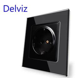 Delviz Tempered glass socket,Household 16A electrical jack,Square Black crystal panel,AC 110V-250V,EU standard Wall Power Socket