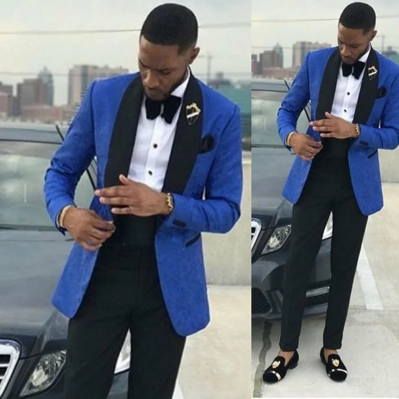 

One Piece Jacket Royal Blue Embossing Groom Tuxedos Black Lapel Men Party Groomsmen Suits Men Business Blazer Custom Made