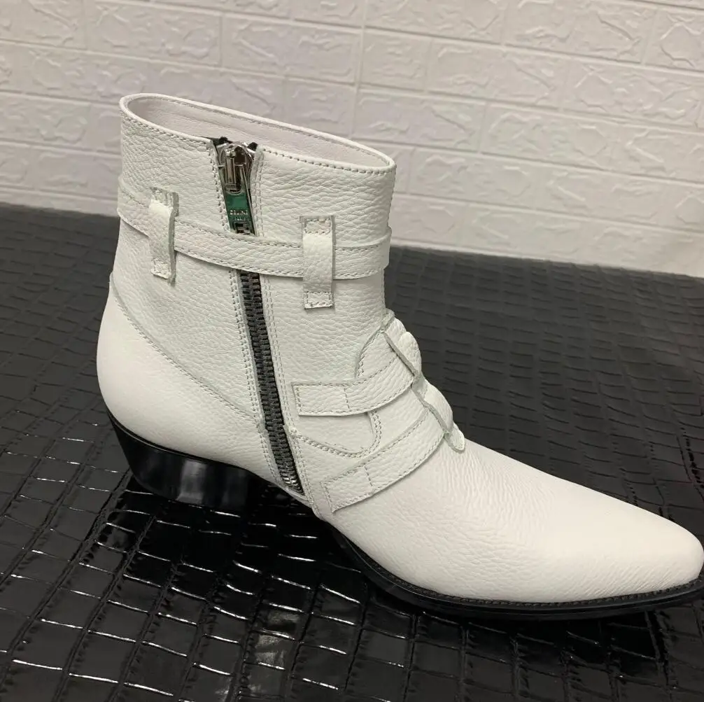 Fashion vintage style mujer botas white leather boots buckle strap ankle booties male party shoes real leather men boots