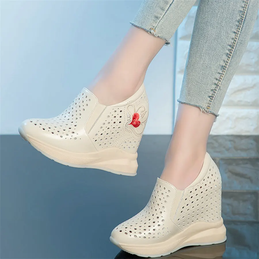 2025 Fashion Sneakers Women Breathable Genuine Leather Wedges High Heel Ankle Boots Female Round Toe Platform Pumps Casual Shoes